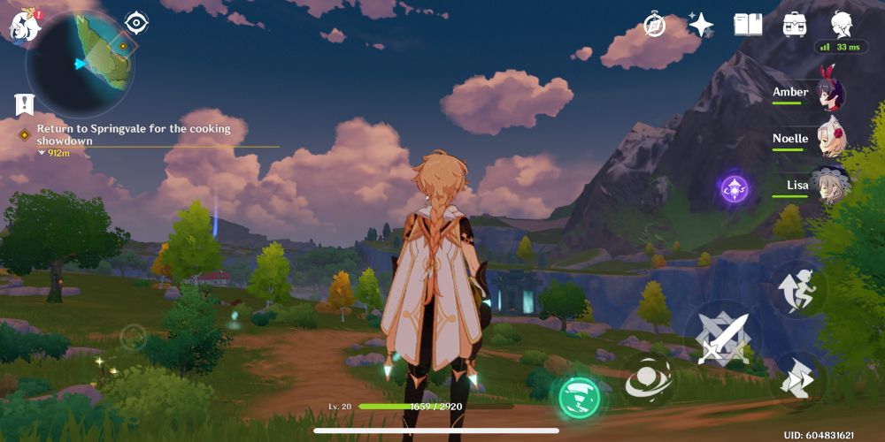 Aether examina a paisagem de Genshin Impact no IOS