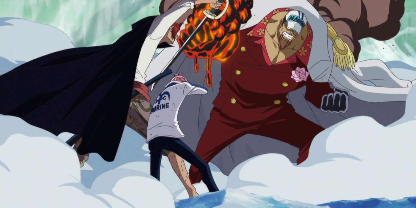 Akainu attacks Koby in One Piece with smoke billowing around them
