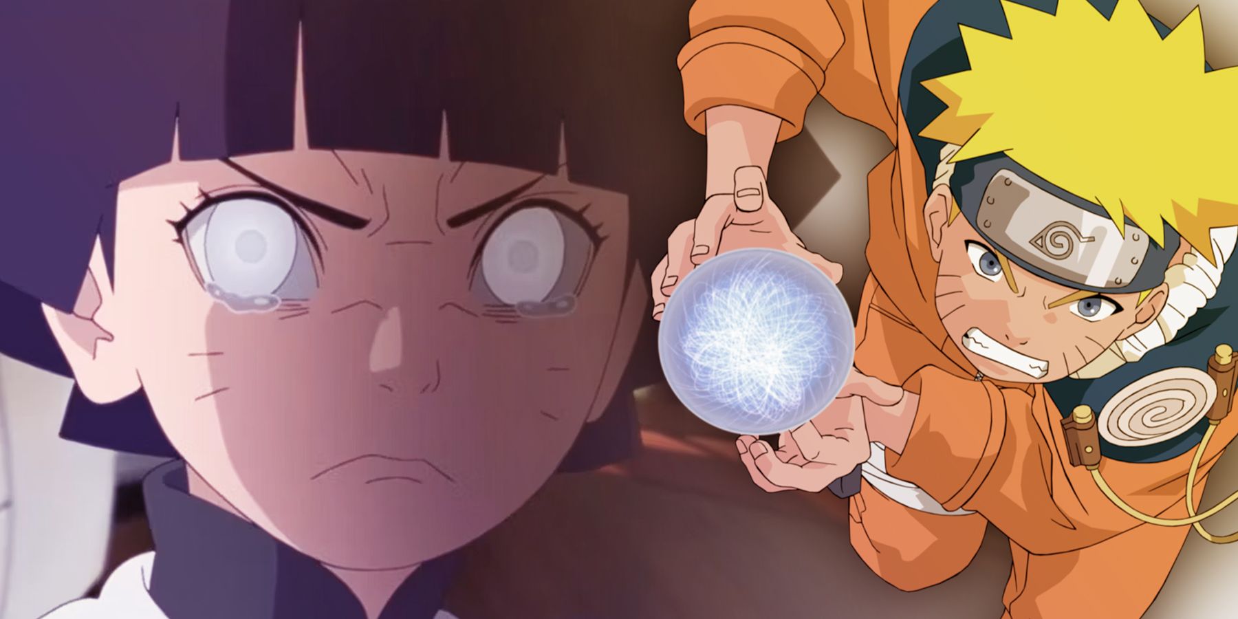 On the left, Himawari Uzumaki frowns with intense teary eyes. On the right, a young Naruto charges forward with a rasengan.