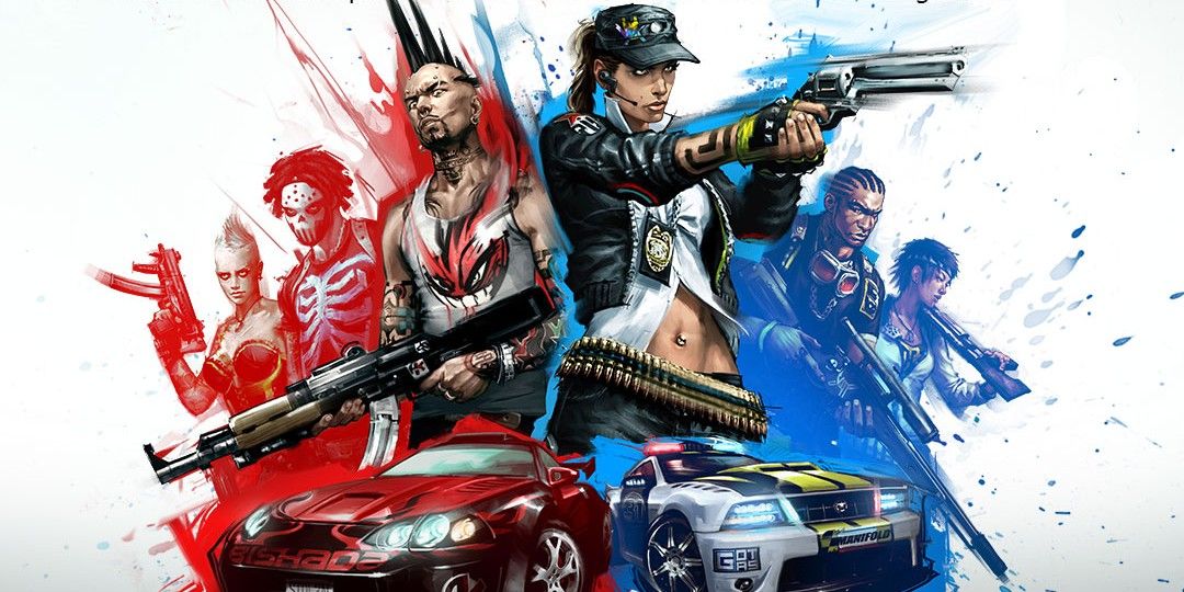 Characters from All Points Bulletin with weapons with cars