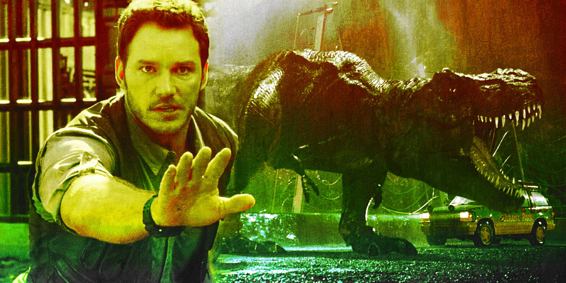 Split image of Owen and a T-Rex from Jurassic Park