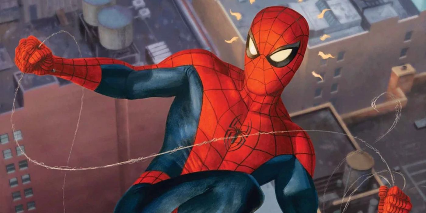 Spider-Man grips webs above buildings in Marvel Comics