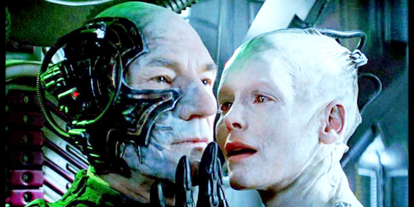 An assimiliated Jean Luc Picard and the Borg Queen from Star Trek First Contact