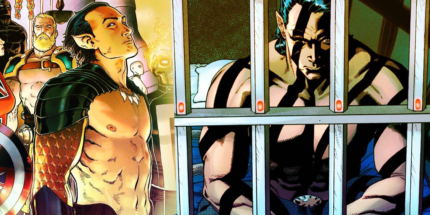 Namor standing and Namor behind bars in 'Avengers Assemble Omega'.