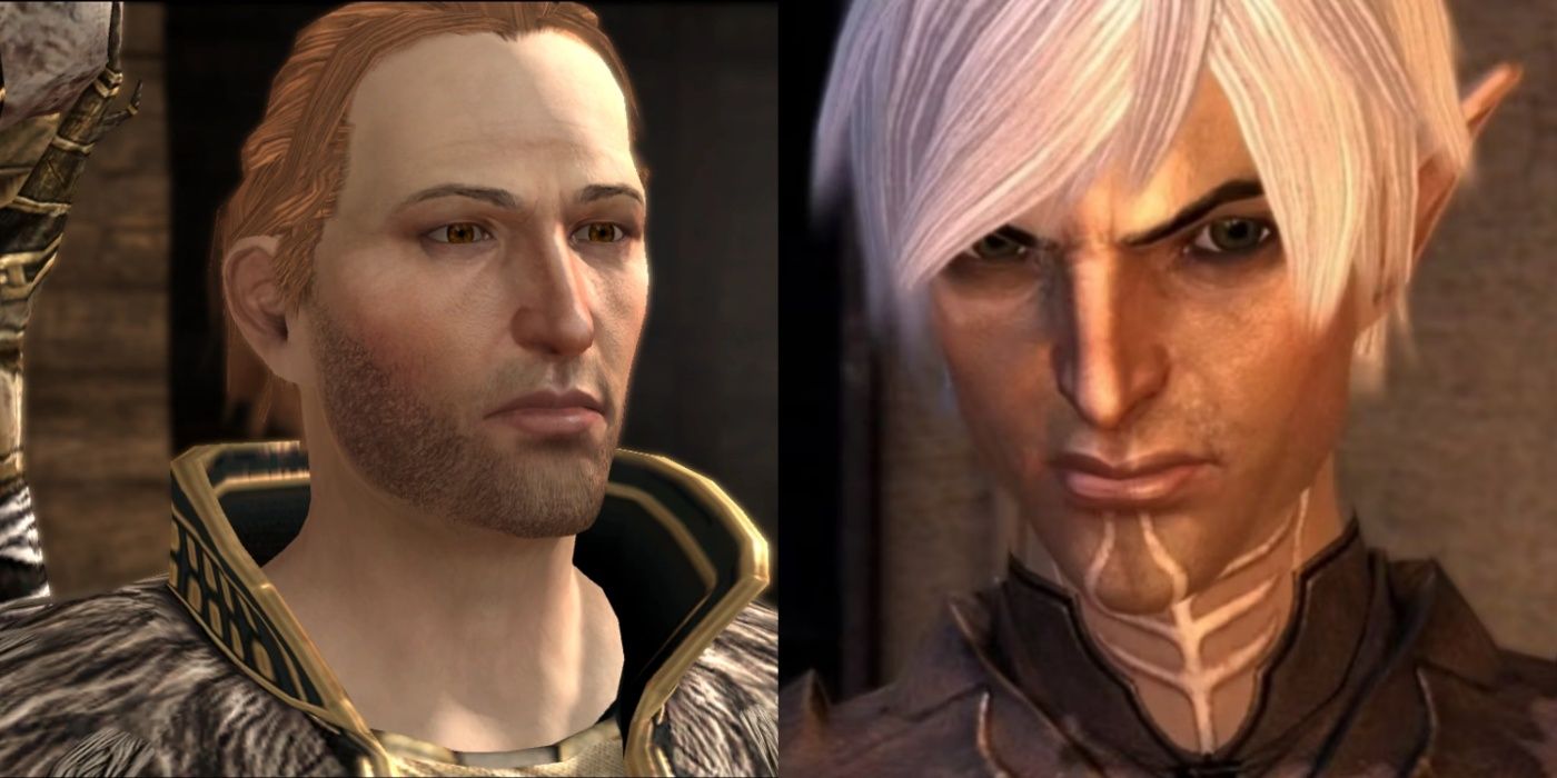 Uma imagem dividida mostrando Anders e Fenris em Dragon Age II