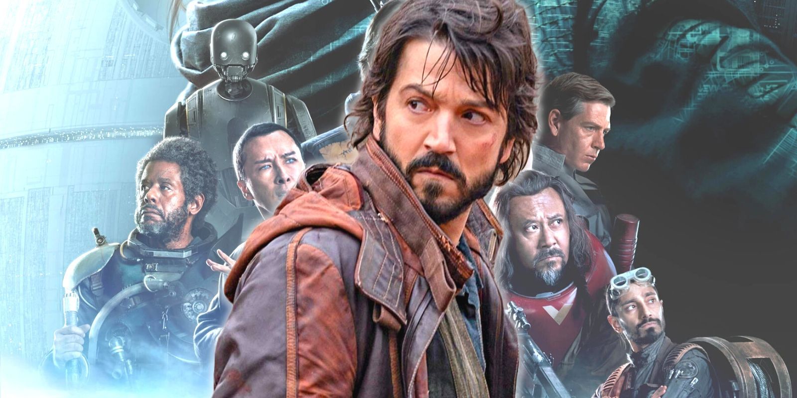 Cassian Andor glancing over his shoulder with the cast of Rogue One behind him