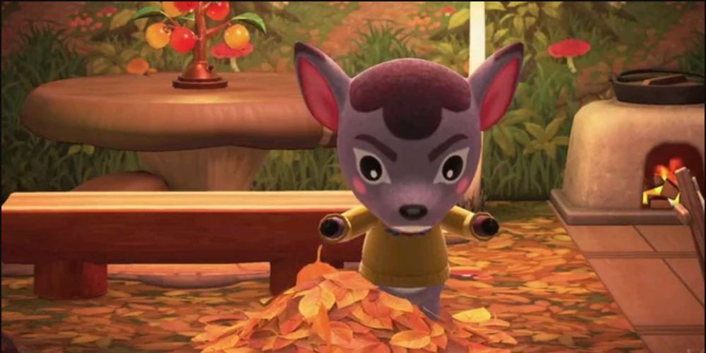 Dierdre em sua casa com uma pilha de folhas em Animal Crossing New Horizons.