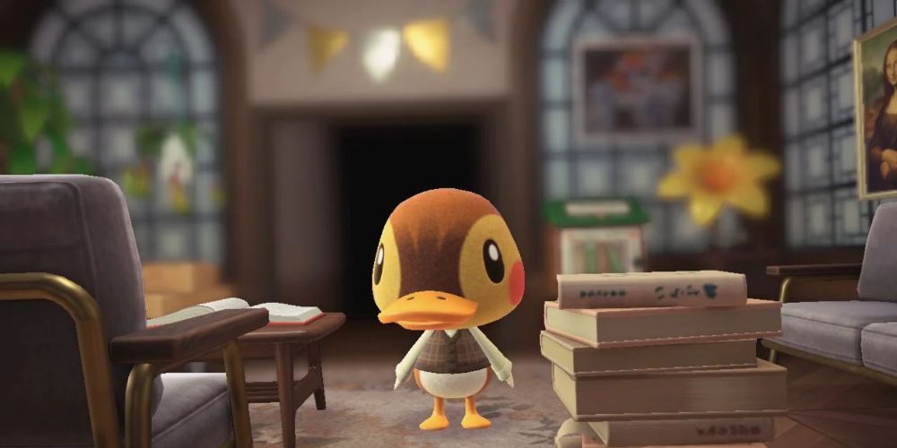 Molly by a tall stack of books in Animal Crossing New Horizons.