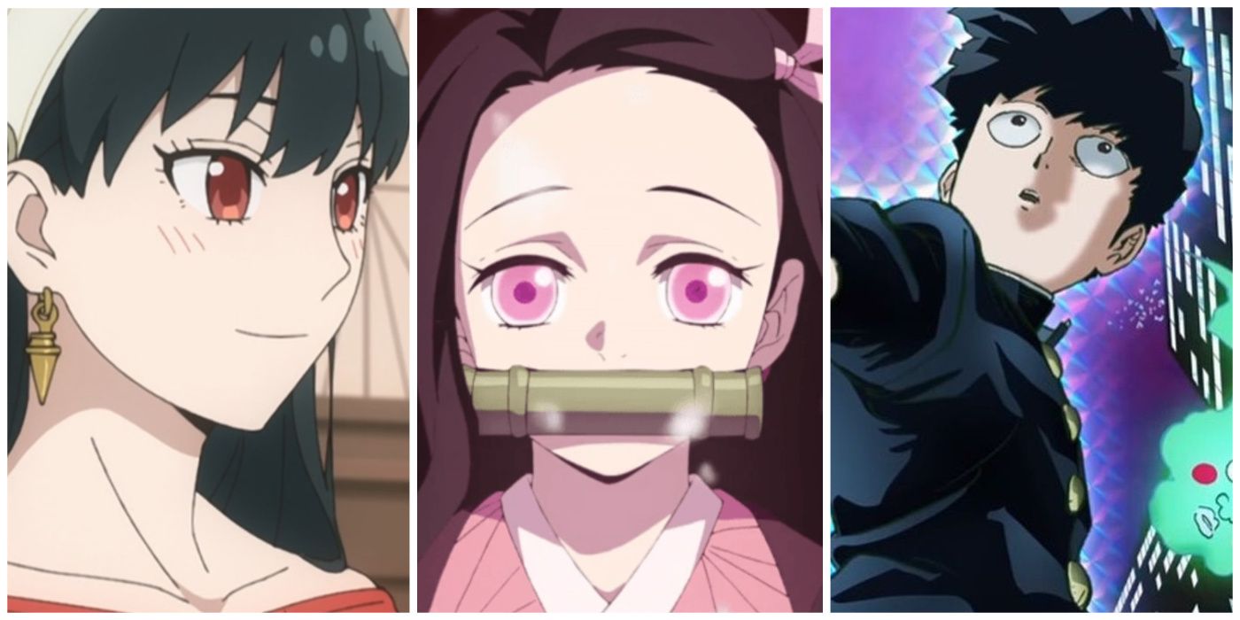 Yor Forger (Spy x Family), Nezuko Kamado (Demon Slayer), and Shigeo Kageyama (Mob Psycho 100).