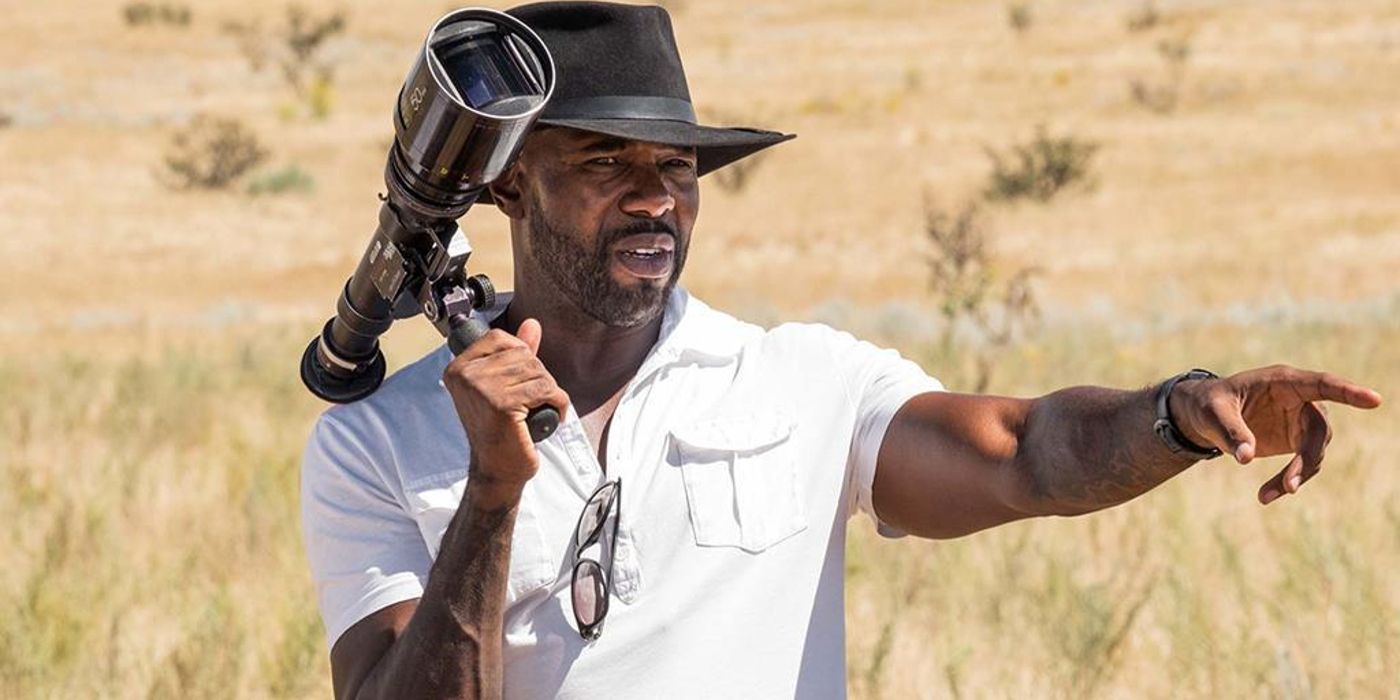 Antoine Fuqua holds a view finder on location