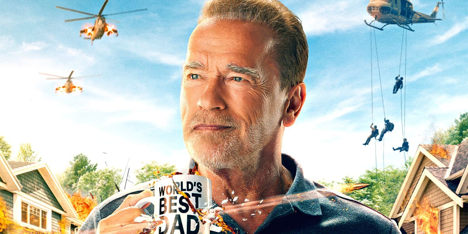 Arnold Schwarzenegger holding a coffee mug that's being shattered by a bullet while two helicopters soar in the background