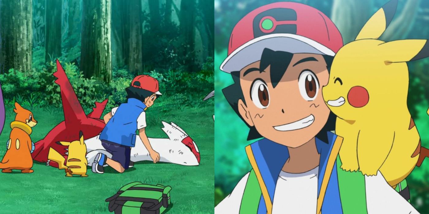 A split image of Ash caring for a Legendary Pokémon and of Pikachu smiling at Ash