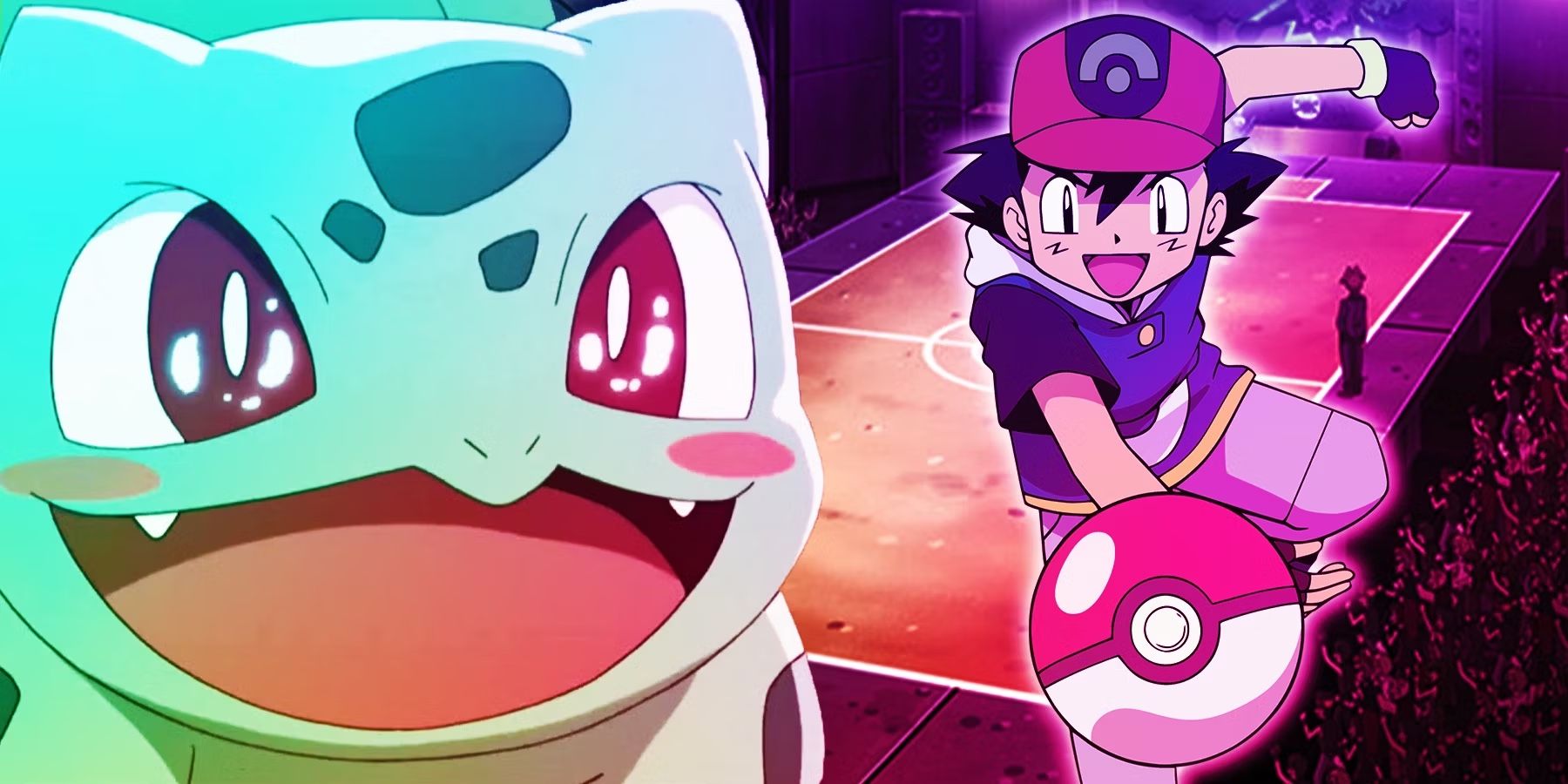 a happy excited Bulbasaur and Ash tossing a Pokeball from Pokemon