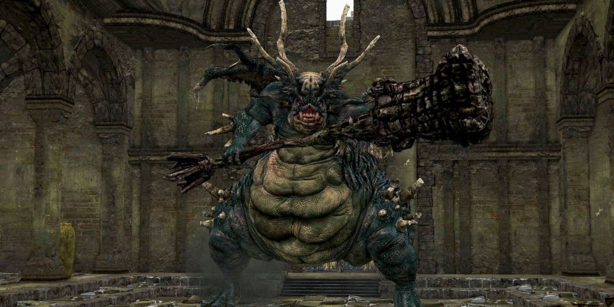 A primeira luta contra o Asylum Demon em Dark Souls