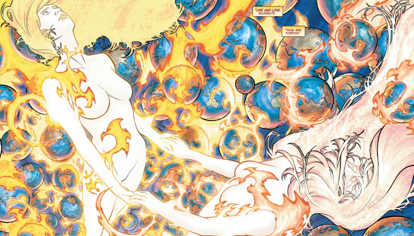 Starbrand e Firehair de mãos dadas enquanto desfazem o dano causado por Mephisto e os Masters of Evil