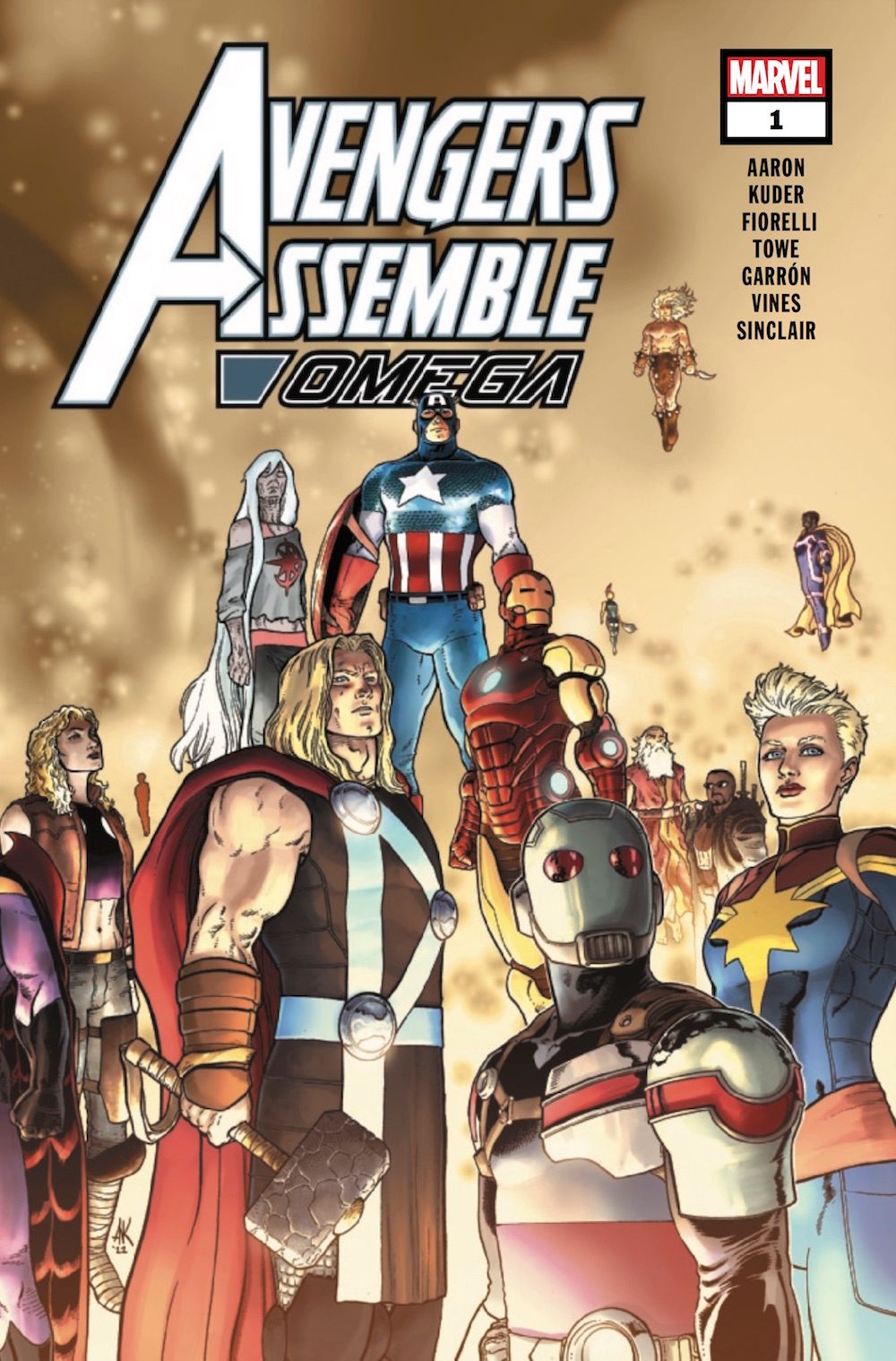 Thor, Captain America, Captain Marvel, and other heroes on the cover of Avengers Assemble Omega