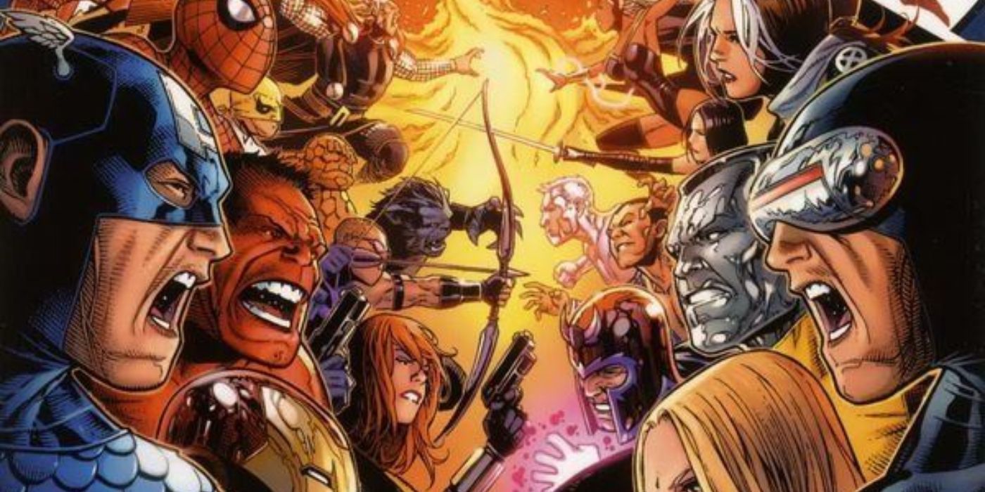 An image from Avengers Versus X-Men by John Romita Jr featuring Captain America and the Avengers (left) facing off against Cyclops and the X-Men (right)