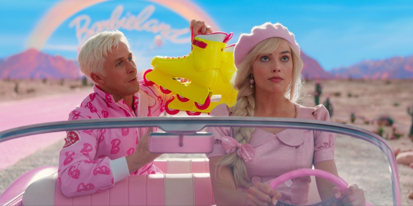 Barbie and Ken drive down a pink brick road to the real world