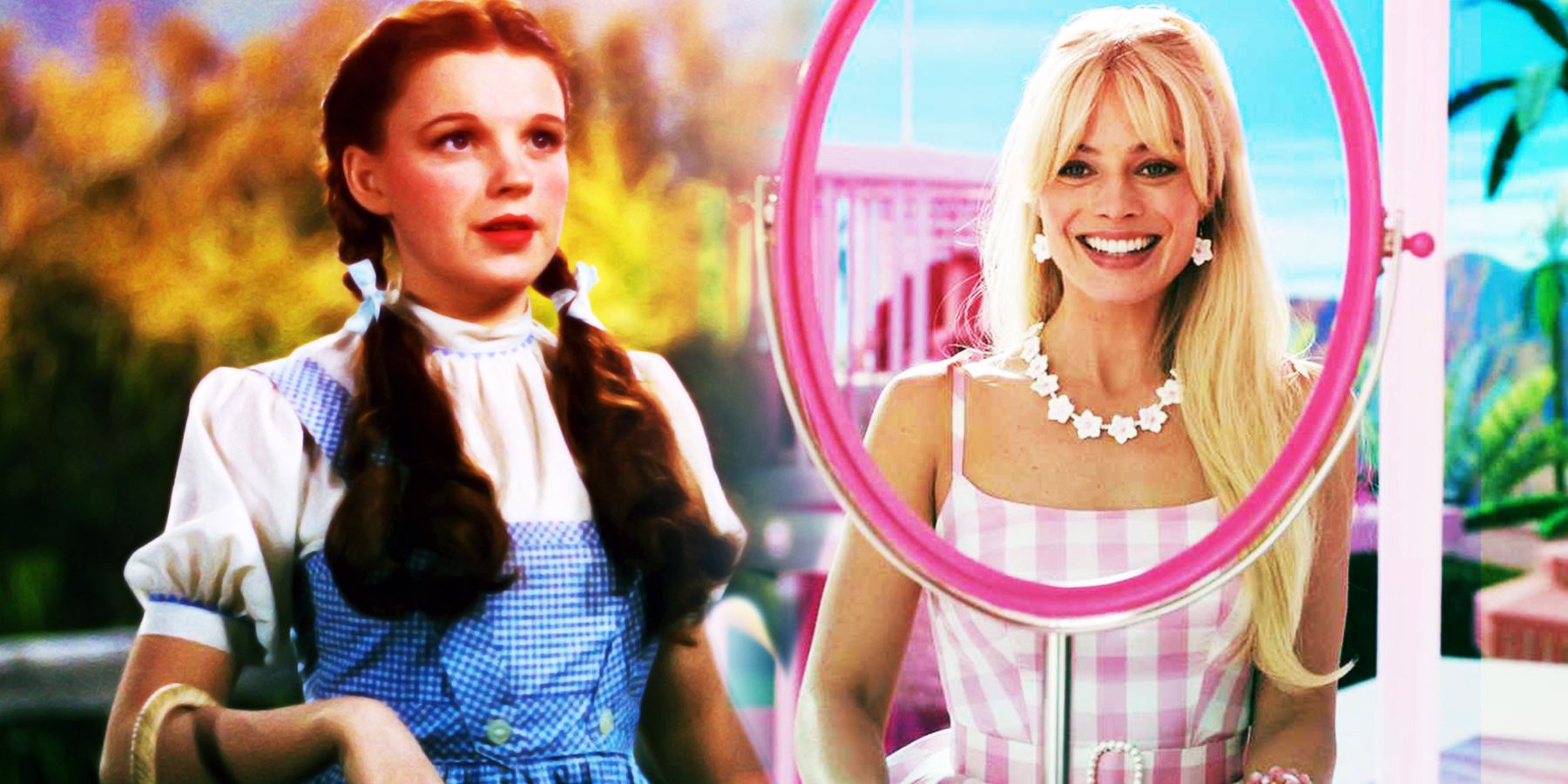 On the right, Judy Garland as Dorothy from 'The Wizard of Oz' looks up hopefully. On the left, Margot Robbie as Barbie in the upcoming movie 'Barbie' smiles.