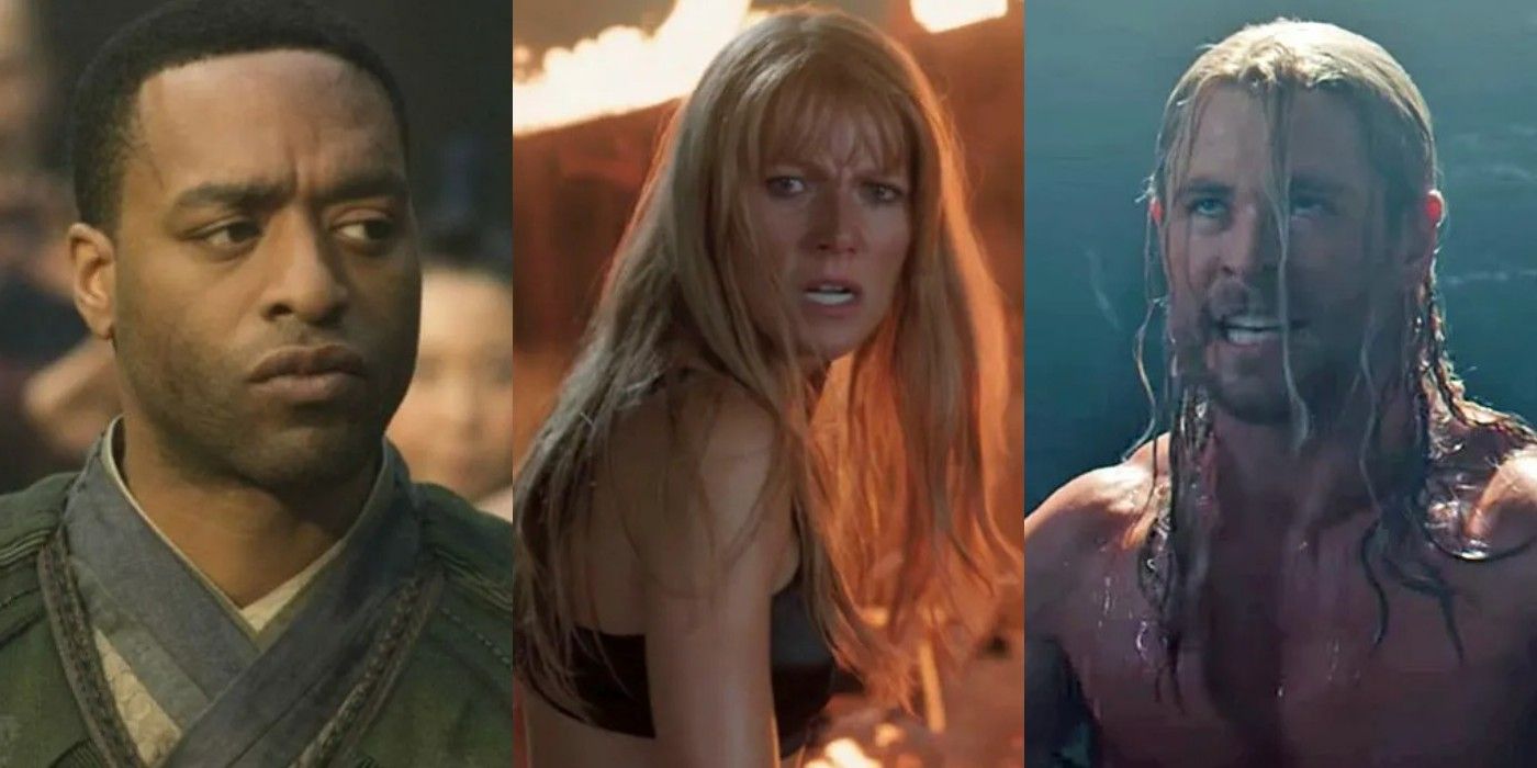 A split image of Baron Mordo, Pepper Potts, and Thor from the Marvel MCU movies