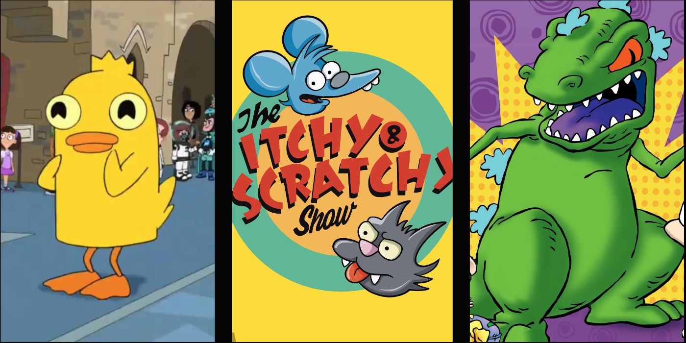 split image of ducky momo, itchy and scratchy show, and reptar