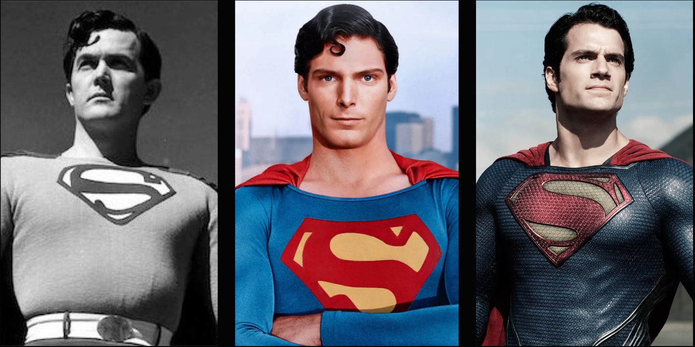 Kirk Alyn, Christopher Reeve, and Henry Cavill as Superman in a split image