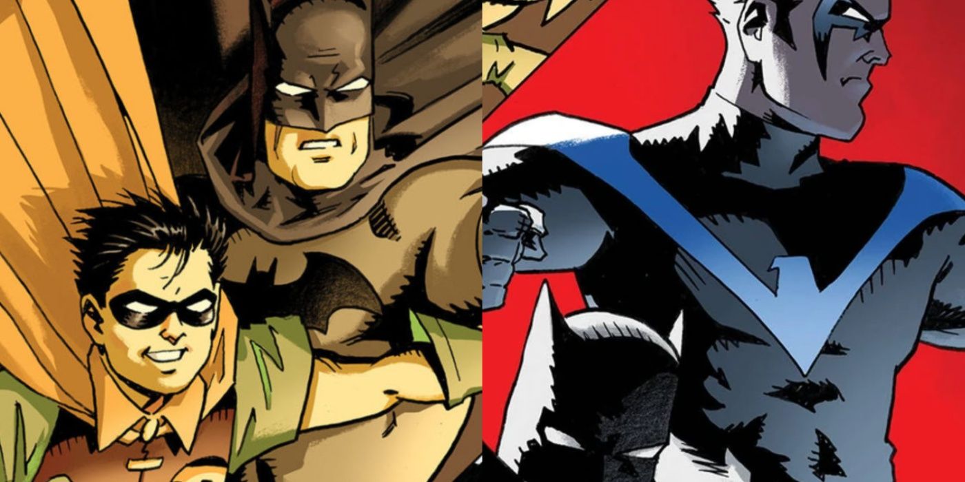 Imagem dividida de Batman com Robin e como Asa Noturna na capa de The Better Man.