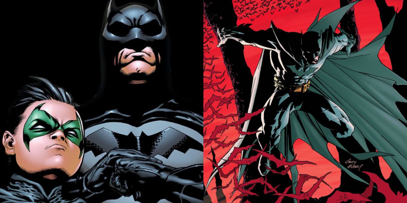 Split image of Batman and Robin and Batman and Son comic book covers.