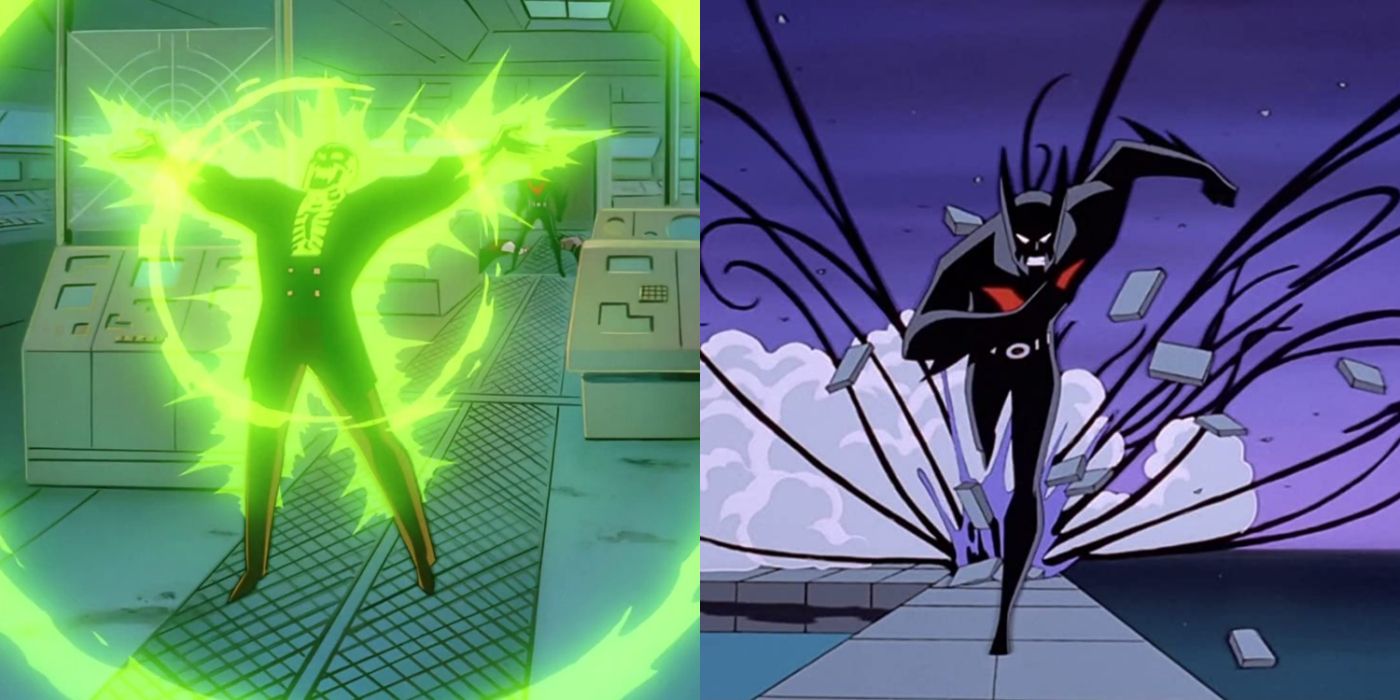 Split image of Blight and Batman running from Inque in Batman Beyond.