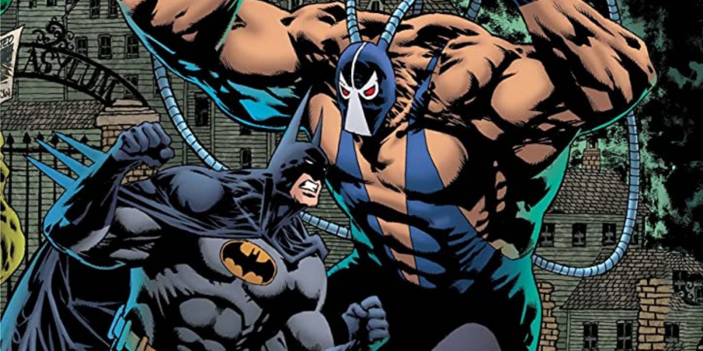 Batman fighting Bane outside of Arkham Asylum.