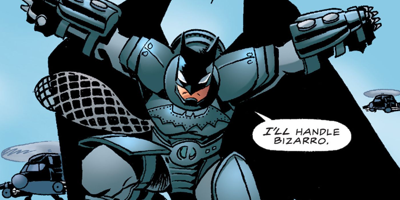 Batman wearing his advanced flying armor from Trinity