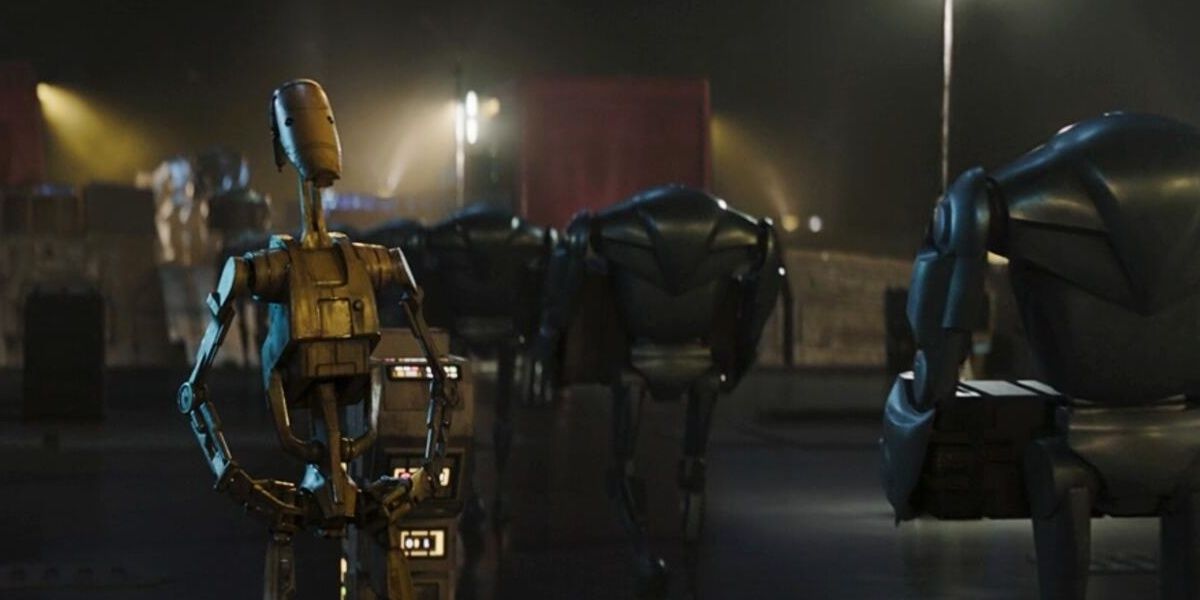 Dróides de batalha ao servir nas docas em Plazir-15 em The Mandalorian