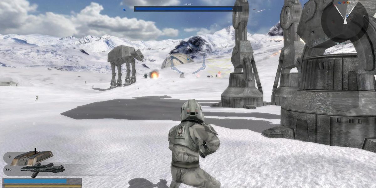 Um protagonista na neve se aproximando de um AT-AT em Star Wars Battlefront 2