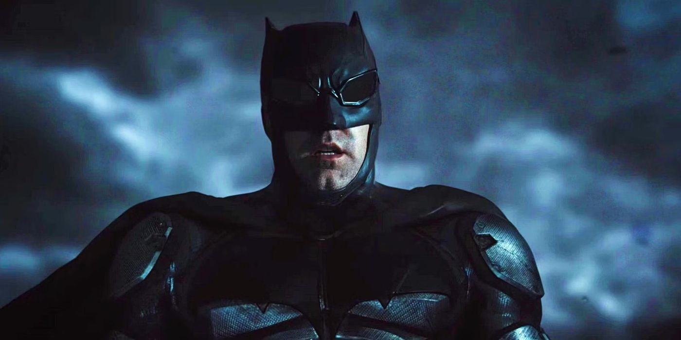 Ben Afflect como Batman diante das nuvens na Liga da Justiça de Zack Snyder