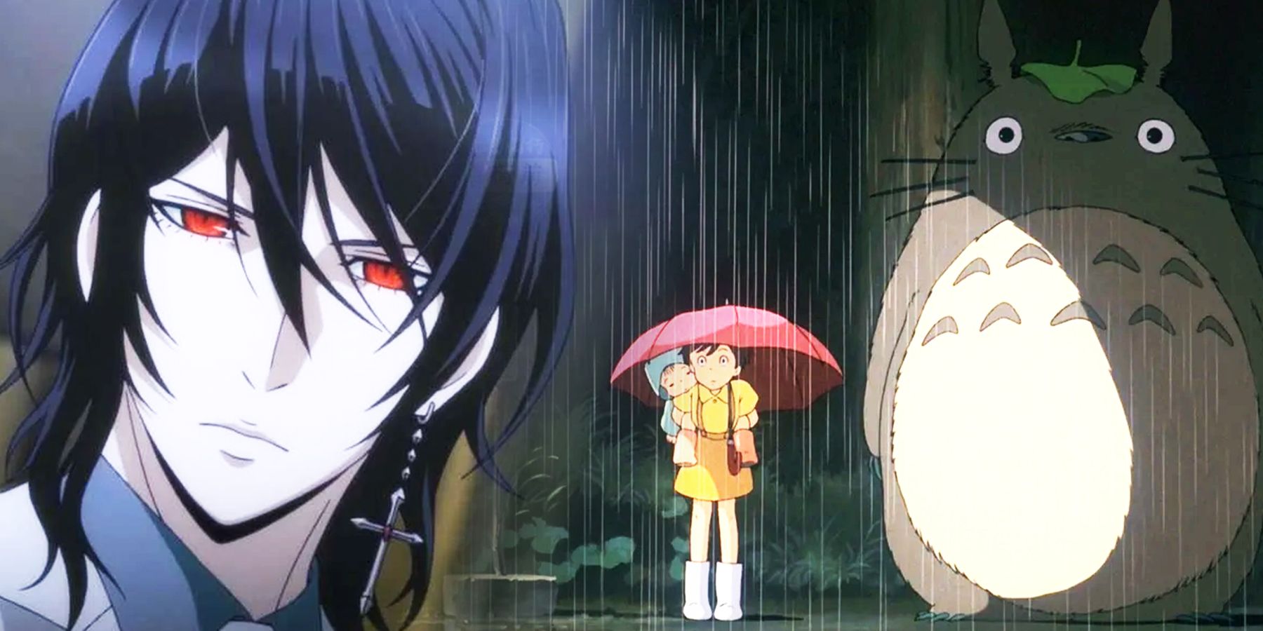On the left, Raizel of anime 'Noblesse' stares out intensely with red eyes. On the right, Totoro stands at a rainy bus stop with Satsuki and her little sister Mei.