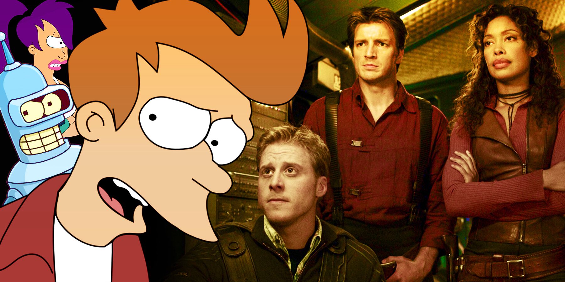 On the left, Fry, Bender and Leela of 'Futurama' pop into the picture looking surprised, happy, and angry. On the right, Wash, Malcolm and Zoe of 'Firefly' sit in their ship looking concerned.