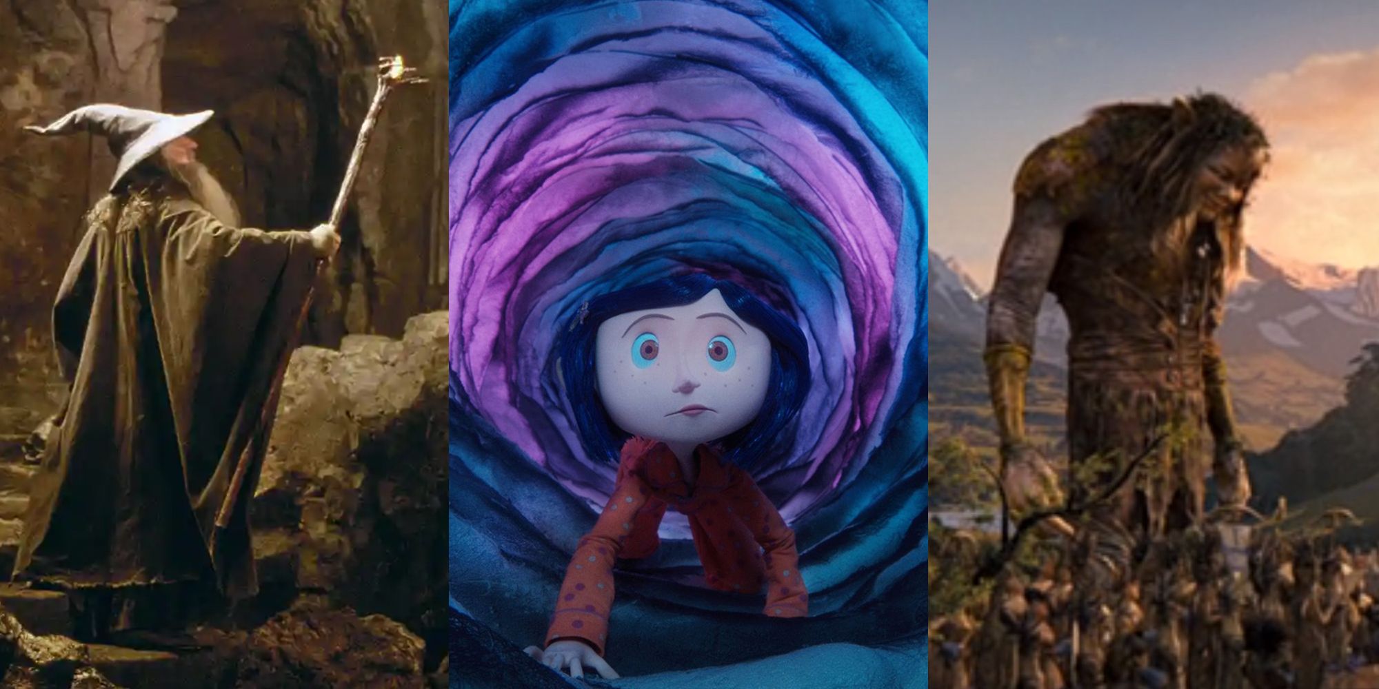Split image of The Lord of the Rings, Coraline and Bridge to Terabithia