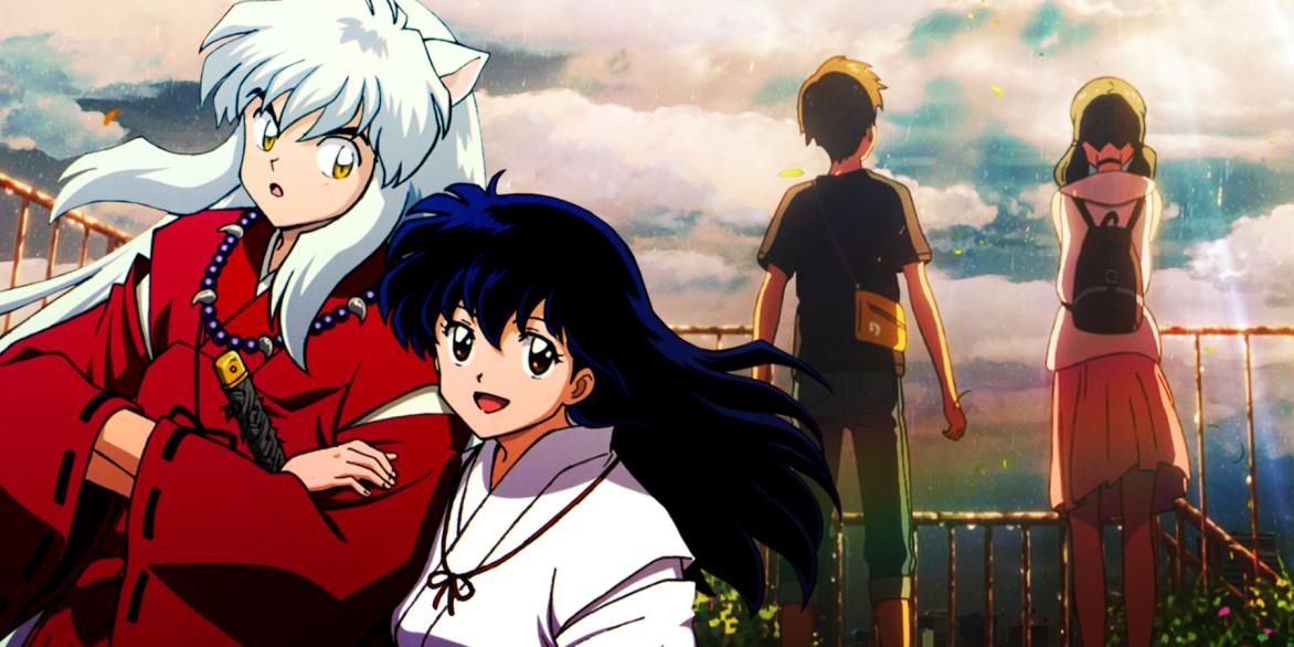 BeKagome holds Inuyasha's arm in Inuyasha. Amino and Tenki look at cloudy sky in Weathering With You.