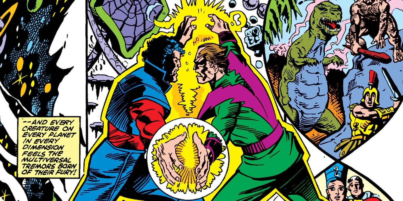 Beyonder vs Molecule Man with different timelines in the background