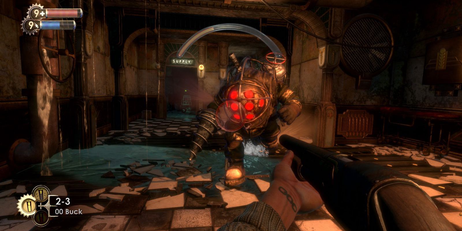 Jack fires his shotgun at a Big Dady in BioShock
