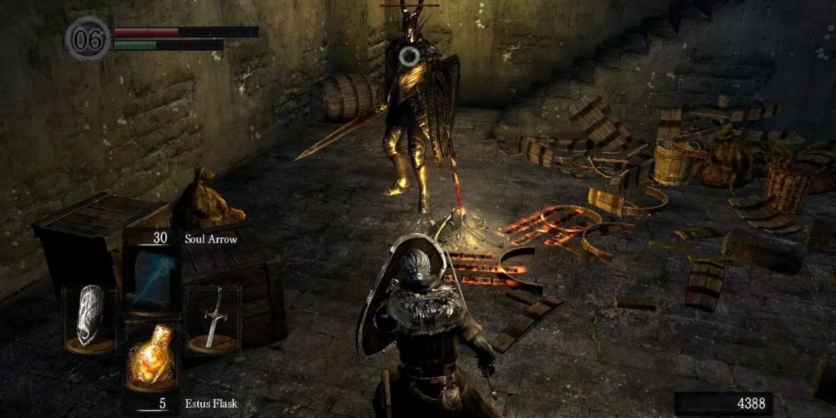 Um jogador lutando contra o Cavaleiro Negro em Undead Burg Dark Souls