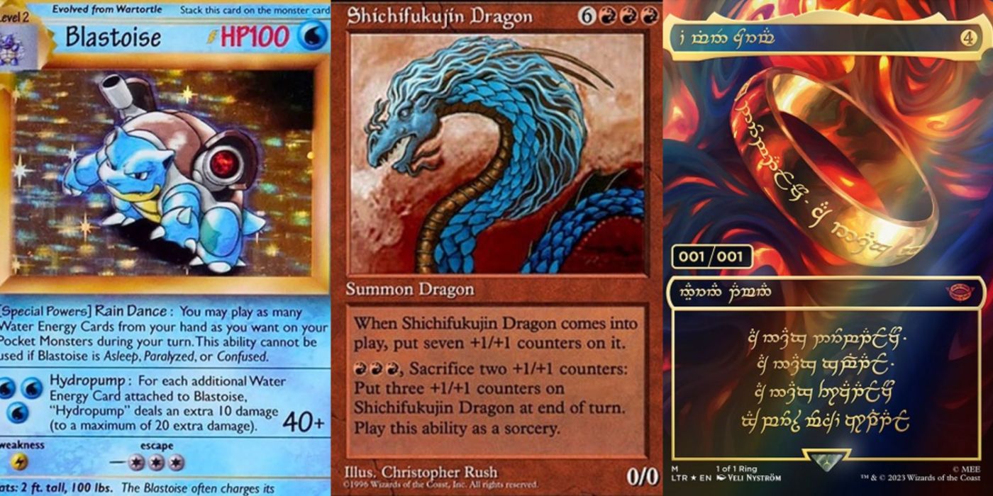 A collage of trading cards: Blastoise from Pokemon, Shichifukujin Dragon from Magic: The Gathering, and The One Ring, also from Magic: The Gathering.