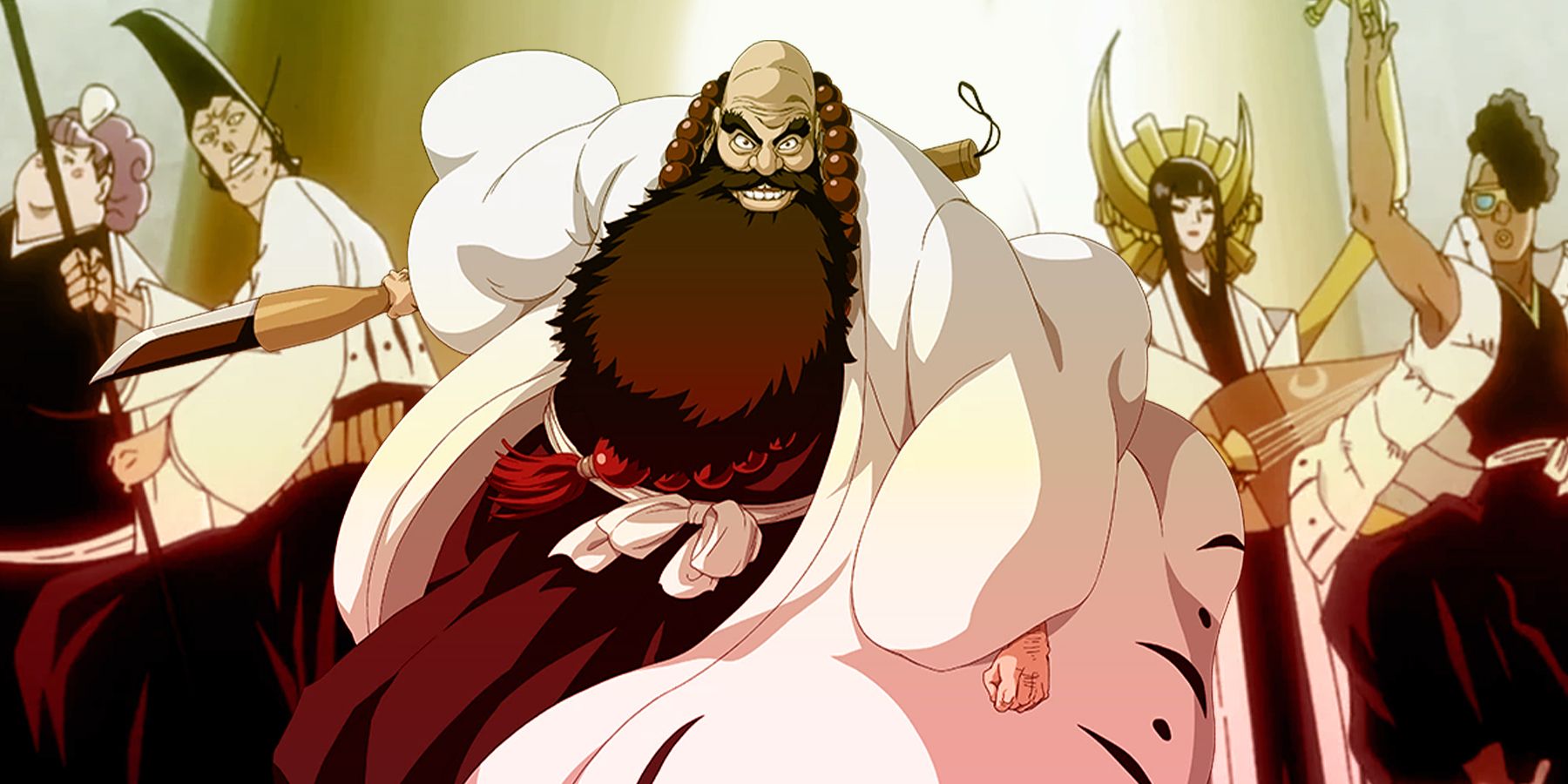 Bleach Royal Guard wave flags and wield instruments. Ichibe stands in billowing robes and grins.