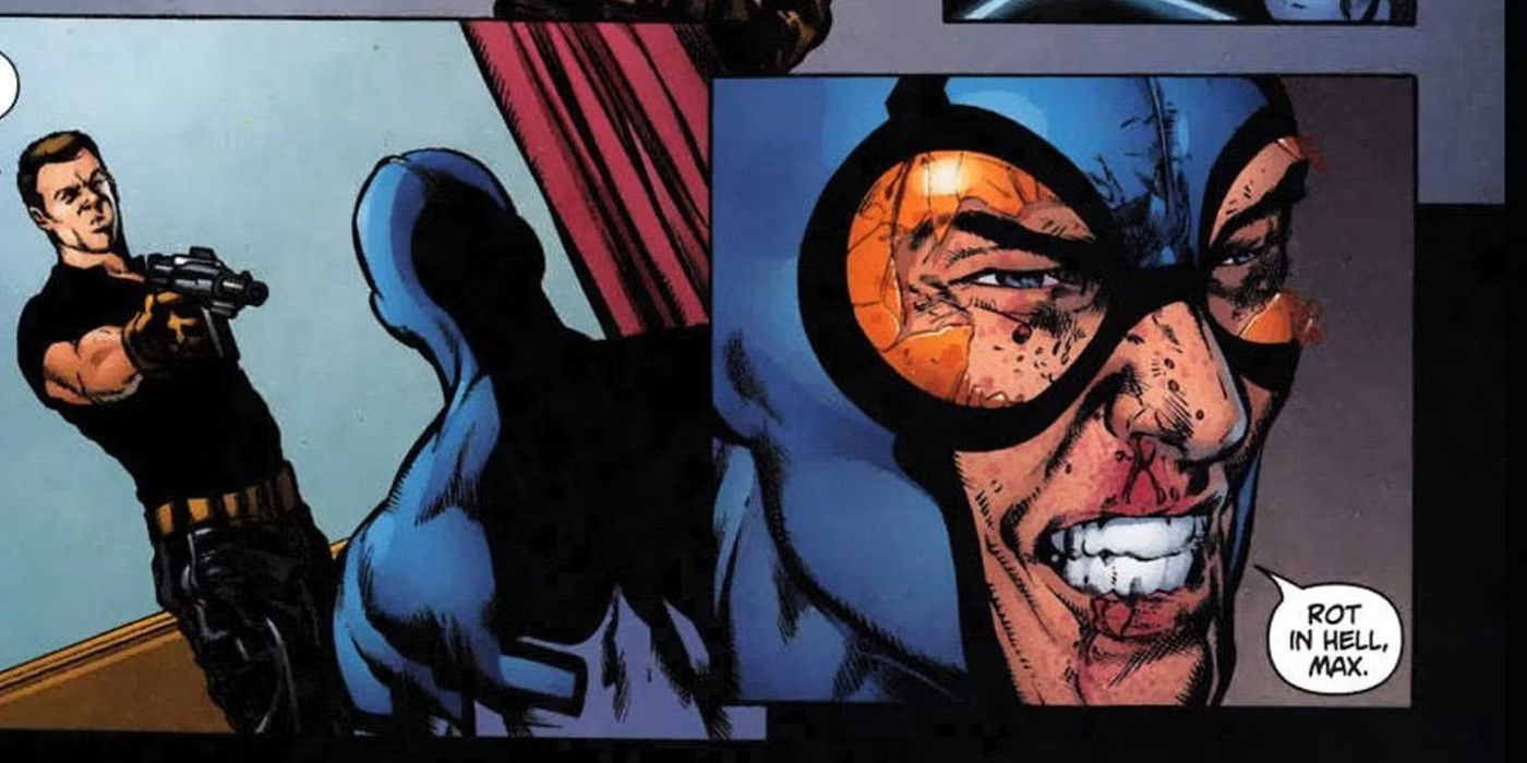 Maxwell Lord shoots Ted Kord Blue Beetle in DC Comics