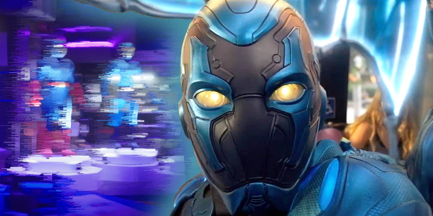 Jaime Reyes, played by Xolo Maridueña, stands in front of Ted Kord's and Dan Garrett's Blue Beetle costumes