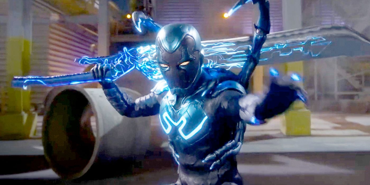 Jaime Reyes checks out his new powers in the Blue Beetle movie