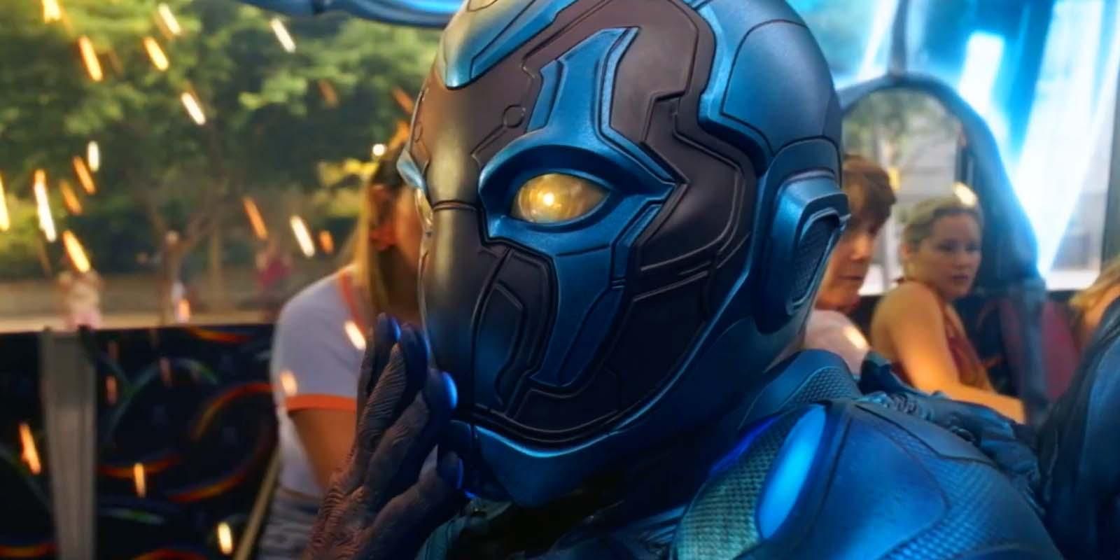 Blue Beetle/Jaime Reyes (Xolo Maridueña) makes a Deadpool-like pose in the official trailer for his solo film.