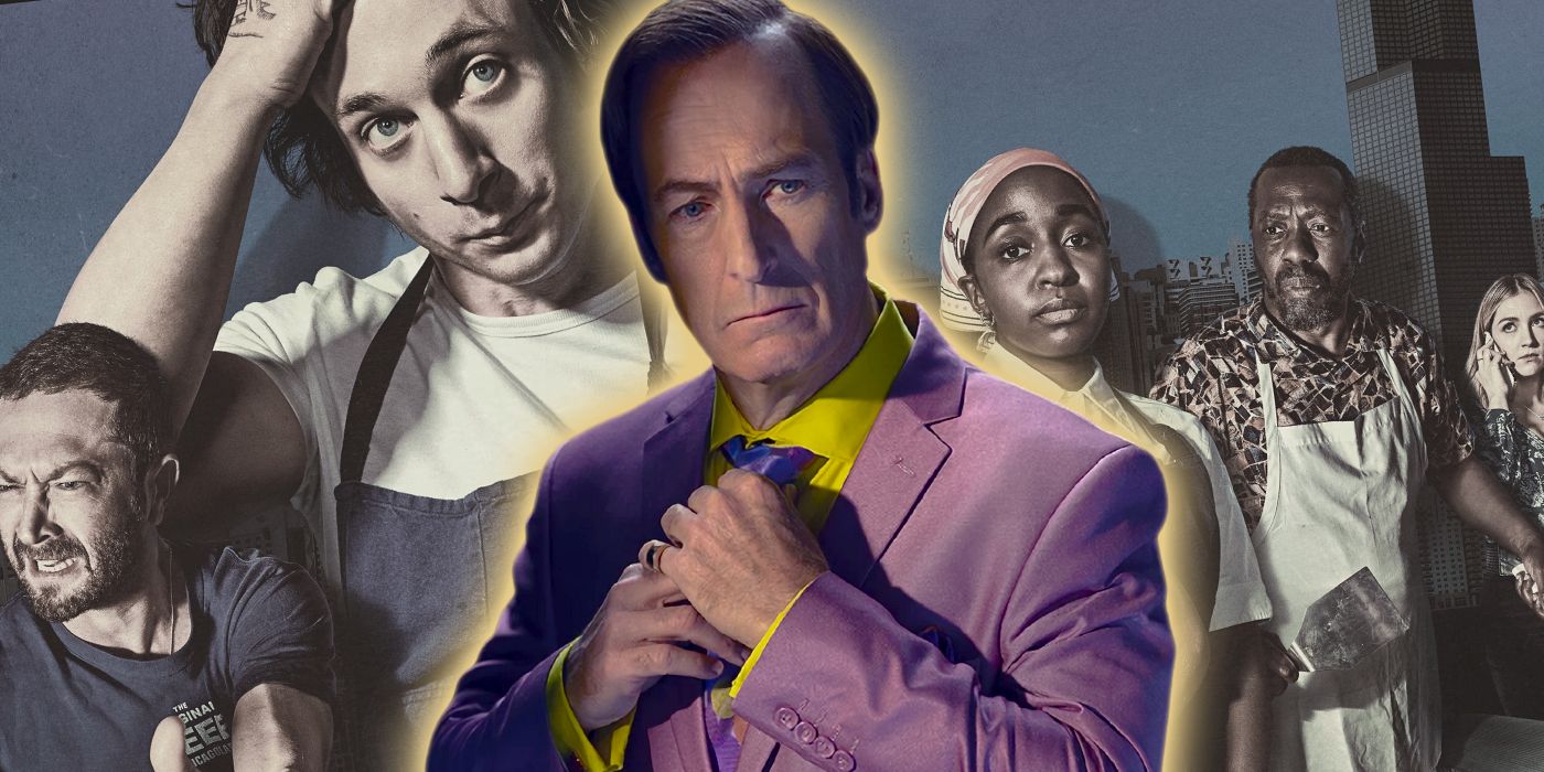 An image of Bob Odenkirk from Better Call Saul superimposed over a desaturated poster for FX on Hulu's The Bear