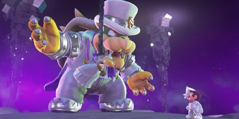 Mario salvando a princesa Peach de Bowser no jogo Super Mario Odyssey