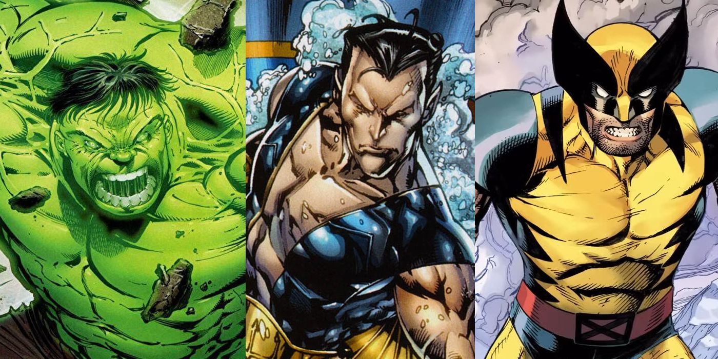 Split Image: Hulk screaming in rage, Namor swimming, Wolverine looking angry